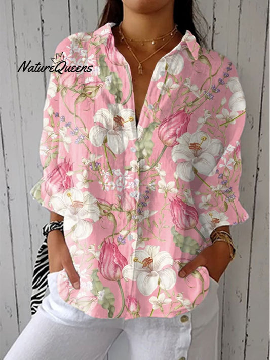 Damer Vintage Blommor Konsttryck Casual Linne V-hals Skjorta